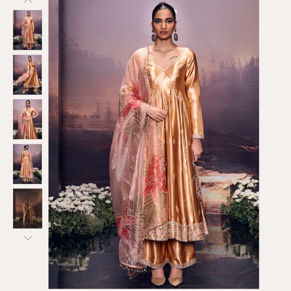 Lashkaraa Gold Embroidered Satin Anarkali - Picture 1 of 5